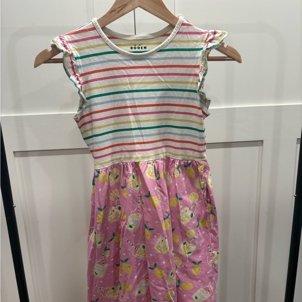 Mini Boden White Striped Top Pink Lemon-Print Dress